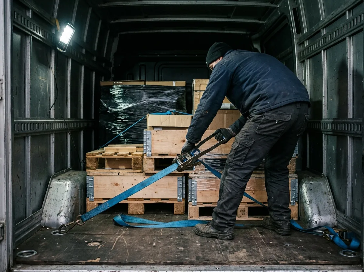 Fahrer zurrt eine Palettenladung im Laderaum mit einem blauen Ratschenspanngurt fest
